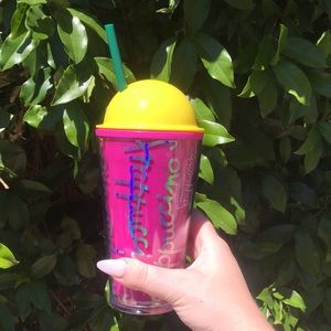 Starbucks Coffee Frappuccino Grande Pink Holographic Yellow and Green Straw